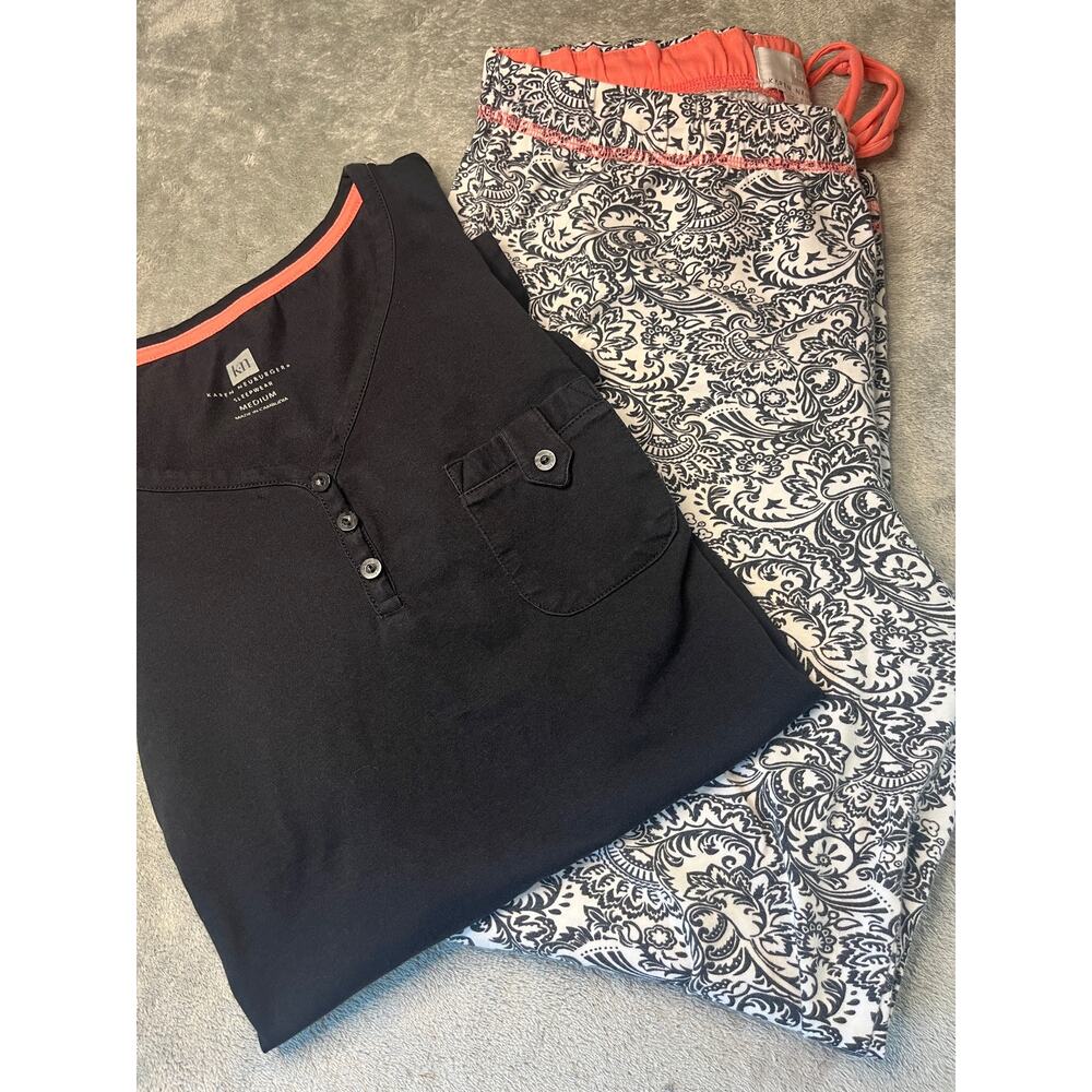 Karen Neuburger Pajama Set Womens Medium Black Paisley Henley Sleepwear 2pc